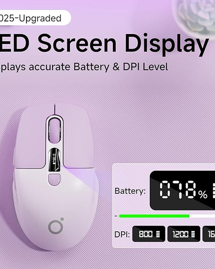 EWEADN Q1 Wireless Mouse, BT & 2.4G Silent Mouse Quiet Click with 1600 DPI Levels, Battery & DPI LED Screen Display, 6 Button Small Portable Bluetooth Mouse for Laptop/PC/Mac-Purple