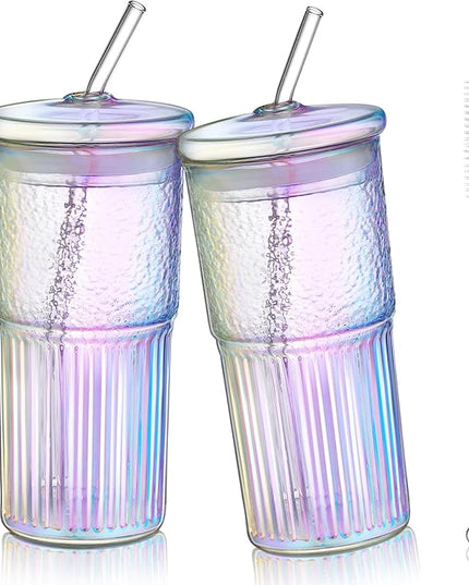 Joeyan 22 oz Iridescent Glass Tumbler with Straw and Lid for Iced Tea Coffee Smoothie Water Juice Beverages Soda,Ribbed Glasses Cups,Borosilicate Drinking Jar,Set of 2