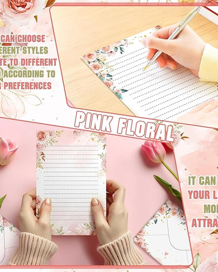TaoBary 160 Pcs Stationery Paper Set 50 Double Sided Stationery Papers with 50 Matching Envelopes and 60 Round Dot Sticker, 10 Design(Pink Floral,5.5 x 8.25 Inch)