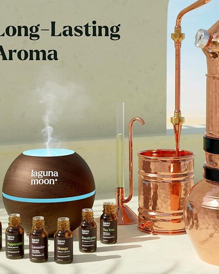 Lagunamoon Essential Oils Aromatherapy Set - 6 Oils for Diffusers, Home Care, Candle Making Scents, Fragrance, Humidifiers, Gifts - Peppermint, Tea Tree, Lavender, Eucalyptus, Orange (10mL)