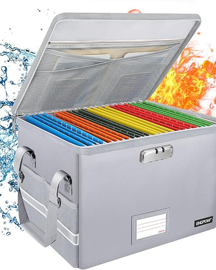 ENGPOW File Box with Lock, Fireproof Document Box with Zipper＆Pockets, Collapsible File Organizer Filing Storage Cabinet with Handle, Portable Home Office Safe for Hanging Letter/Legal Folder,Silver