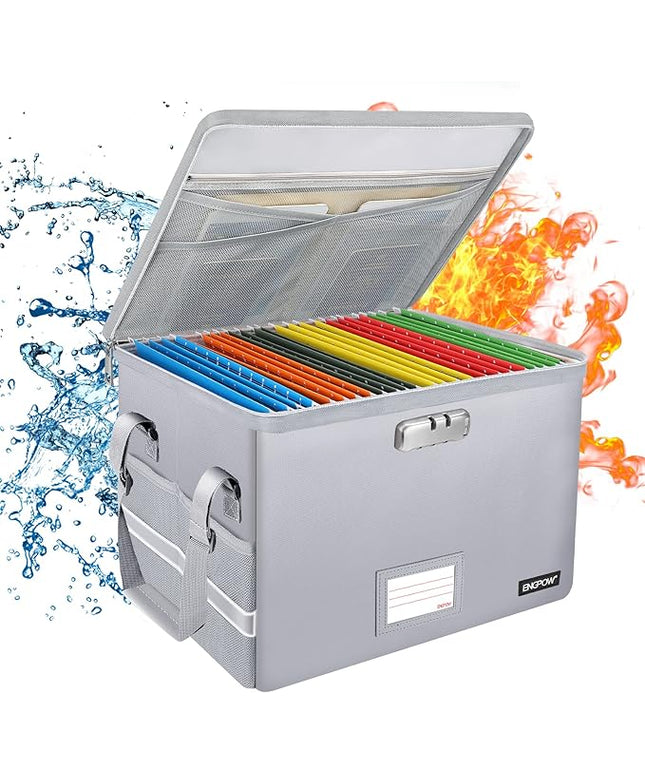 ENGPOW File Box with Lock, Fireproof Document Box with Zipper＆Pockets, Collapsible File Organizer Filing Storage Cabinet with Handle, Portable Home Office Safe for Hanging Letter/Legal Folder,Silver