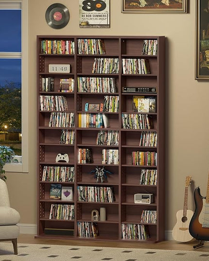 LELELINKY 11 Tier Tall Display Cabinet, Walnut Media Storage Cabinet with Adjustable Shelves, Free Standing DVD Organizer Shelf, Floor multimedia storage manga bookshelf for Living Room & Home Office.