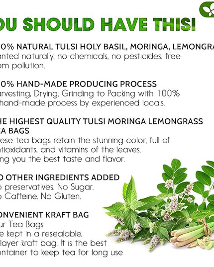 FreshDrinkUS, Premium 135 Tea Bags Tulsi Moringa Lemongrass, 100% Natural & Pure from Tulsi Holy Basil Leaves, Moringa & Lemongrass. Made with Natural Material Tea Bags. No Sugar, No Caffeine, Vegan.