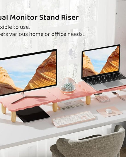 Dual Monitor Riser, Cookie-Shaped Adjustable Length & Swivel Angle, Wooden Desktop Organizer for 2 Monitors,Monitor Stand with Drawer for Laptop, PC, Computer, Printer,Pink