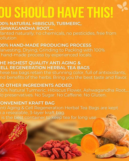FreshDrinkUS, Premium Harmony Herbal Tea | 60 Tea bags | 100% Natural Turmeric, Hibiscus, Ashwagandha, Goji Berry, Reishi, Cinnamon & Orange Peel – Naturally Aromatic Caffeine-Free Tea