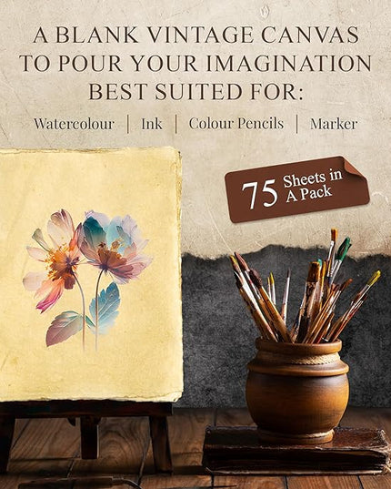 NomadCraftsCo. Blank Vintage Handmade Deckled Edge Paper | 75 Sheets of Recycled Cotton Papers, Perfect Sheet for Any Medium, Blank Watercolor Paper Cards, 150 GSM Thick & Acid-free Antique Paper
