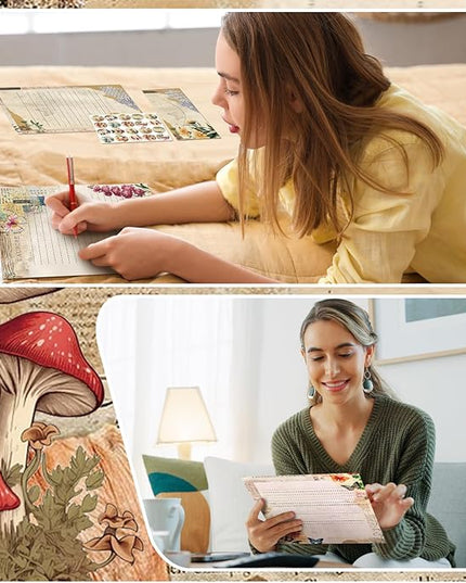 TaoBary 160 Pcs Stationery Paper Set 50 Double Sided Stationery Papers with 50 Matching Envelopes and 60 Round Dot Sticker, 10 Design(Nature Vintage Style,8.5 x 11 Inch)