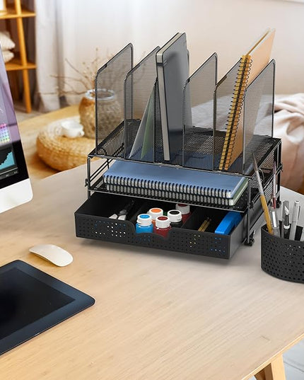 SIMPLE HOUSEWARE Mesh Desk Organizer with Sliding Drawer, Double Tray and 5 Upright Sections, Black