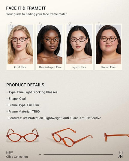 TIJN Olisa Blue Light Blocking Glasses for Women Men,Oval Glasses Frame Bluelight Glasses for Gaming/Computer/Screen