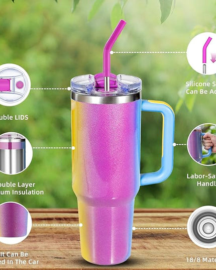 40 oz tumbler with handle and straw,Double Wall Vacuum Reusable Stainless Steel Insulated Water Bottle,With Leak Proof lid and Straw for Iced or Cold Beverages (Carnival)