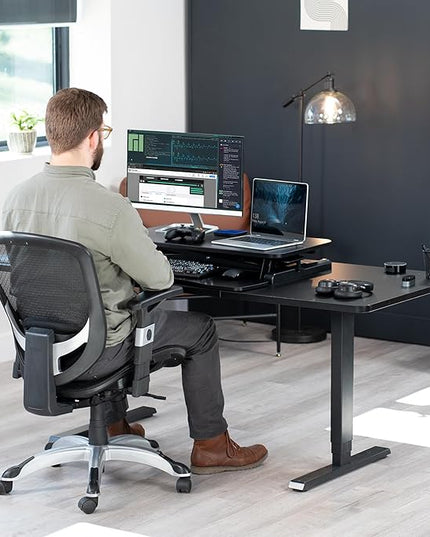 VIVO 32 inch Carbon Fiber Desk Converter, K Series, Height Adjustable Sit to Stand Riser, Dual Monitor and Laptop Workstation with Wide Keyboard Tray, Black, DESK-V000KR