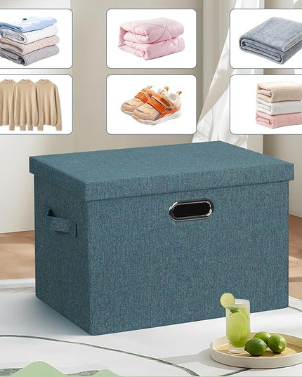 Large 17" 36 Quart Collapsible Stackable Storage Bins with Lids, 3 Packs Blue-Green Linen Fabric Closet Boxes with Lids, Storage Cube Baskets Container Organizers for Bedroom (17x12x11)