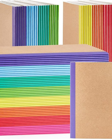 feela 96 Pack Composition Notebooks Bulk, Kraft Cover Lined Blank College Ruled Composition Travel Journals with Rainbow Spines For Women Students Business, 60 Pages, 8.3”x 5.5”, A5, 8 Colors