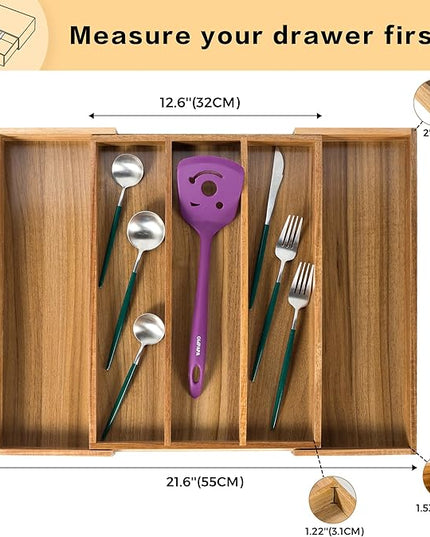 Utoplike Acacia Kitchen Drawer Organizer Expandable, Large Utensils and Cutlery Tray, Adjustable Silverware Divider for Knives Flatware