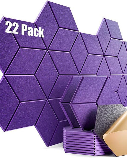 22 Pack Self-Adhesive Acoustic Panels 12" X 10" X 0.4" - Sound Proof Foam Panels with High Density, Y-Lined Design, Flame Resistant, Absorb Noise and Eliminate Echoes(Purple)