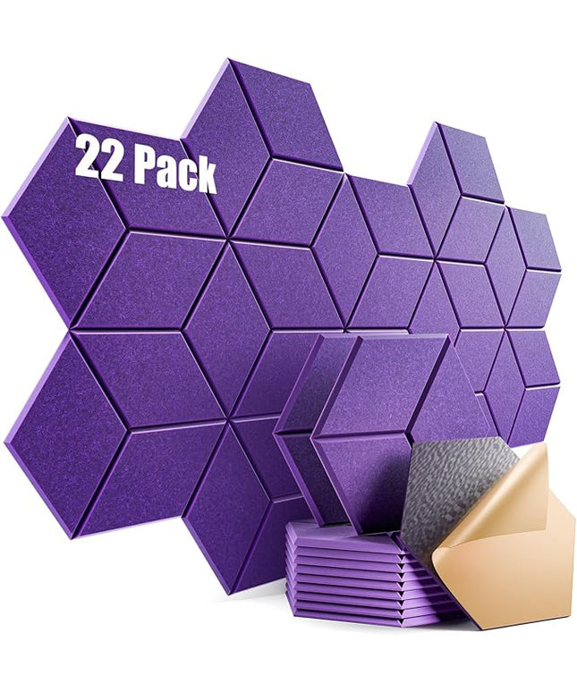 22 Pack Self-Adhesive Acoustic Panels 12" X 10" X 0.4" - Sound Proof Foam Panels with High Density, Y-Lined Design, Flame Resistant, Absorb Noise and Eliminate Echoes(Purple)
