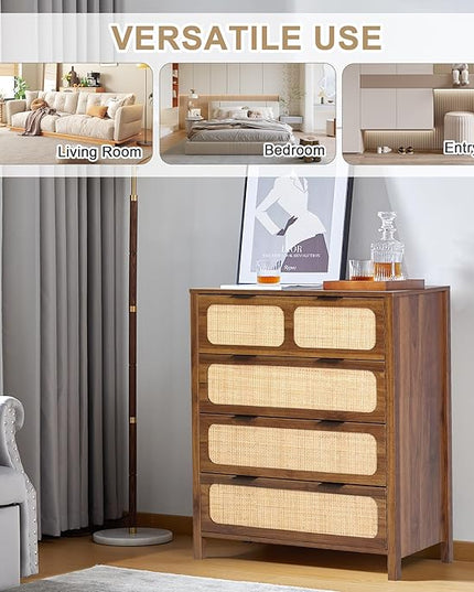 LEVNARY 4 Drawer Dresser Set of 2, Rattan Dressers Storage Cane Cabinet, Wooden Chest of Drawers Dresser for Bedroom, Entryway, Living Room (2, Walnut)