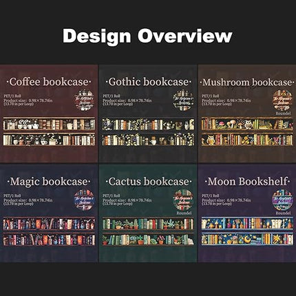 AuriicLeaf Magician’s Bookcase PET Tapes – 6 Rolls of Fantasy Embroidery-Style Bookcase Designs with Clip, for Scrapbook, Journal, Junk Journal, Planner and DIY Decor