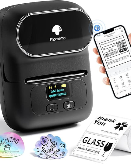 Phomemo M110 Label Makers - Barcode Label Printer Bluetooth Label Maker Portable Thermal Printer for Small Business, Address, Barcode, Logo, Clothing, Mailing, Sticker Printers for Phone & PC, Black