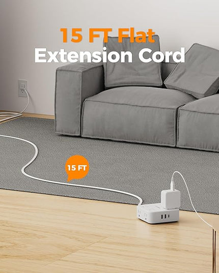 Surge Protector Power Strip, TESSAN 15 FT White Extension Cord Flat Plug with 8 AC Outlets 3 USB Ports (1 USB C), 900J Surge Protection, 3 Sided Wall Mountable Outlet Extender for Office Dorm Room