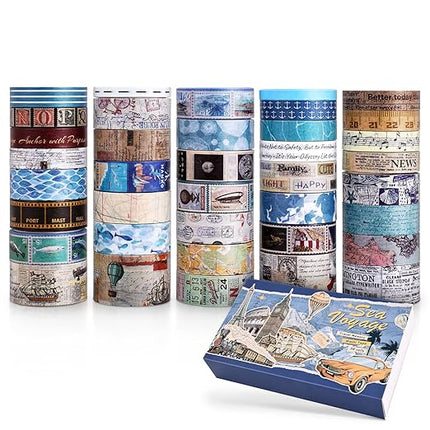 38 Rolls Vintage Washi Tape Set, Vintage Travel Stamp Map Scenery Art Letter Writable Decorative Tapes for Scrapbooking , Junk Journal Supplies, Bullet Journaling 5-25mm Wide 9.84ft long/Roll