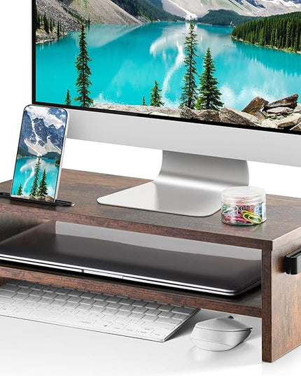 Marbrasse 16.5 Inch Monitor Stand, 2 Tier Computer Monitor Riser with Printer Shelf, Laptop Computer Screen Storage, Desktop Stand - Phone Holder & Cable Management (Vintage)