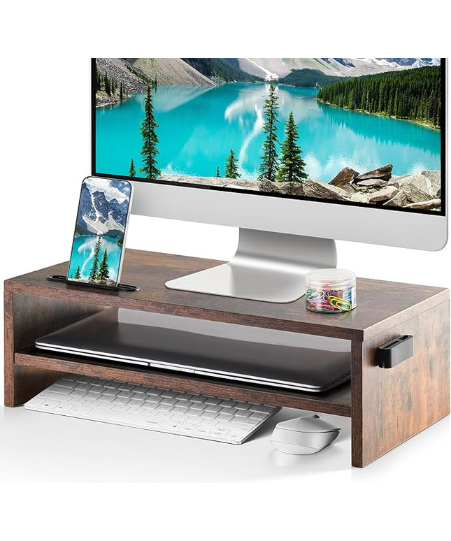 Marbrasse 16.5 Inch Monitor Stand, 2 Tier Computer Monitor Riser with Printer Shelf, Laptop Computer Screen Storage, Desktop Stand - Phone Holder & Cable Management (Vintage)