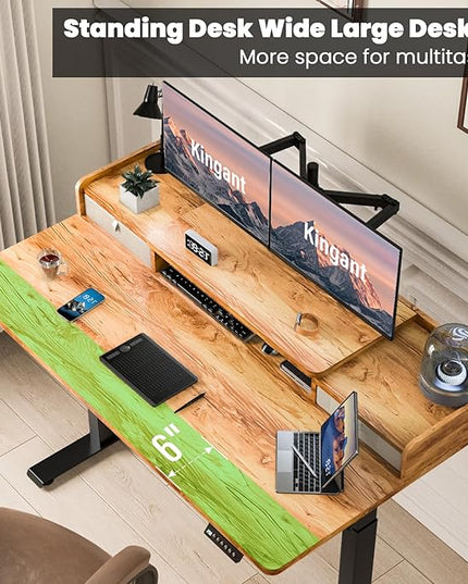 Kingant 48 x 30 Inch Standing Desk with Drawers, Adjustable Height Electric Sit Stand Desk with Storage Shelf, Rising Stand Up Computer Desk for Home Office Workstation, 3 Preset Heights(Light Rustic)