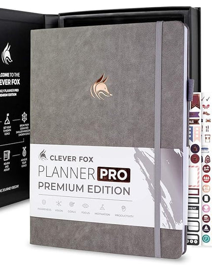 Clever Fox Planner Pro Premium – Luxurious Weekly & Monthly Planner with Budget Organizer for Productivity & Goals, Undated, A4 (Gray)