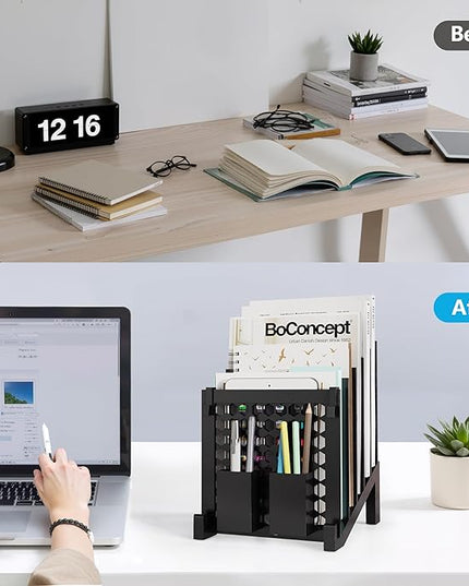 File Organizer for Desk with Storage Box & Hook, Inclined Desk File Organizer with 5-Section Vertical File Holder suitable for Home Office Document Organization（Black）