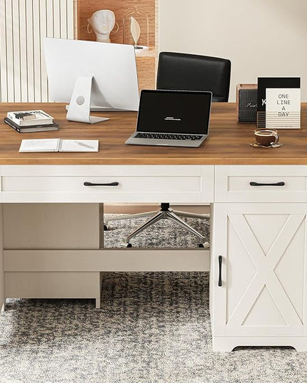 Vabches Farmhouse 47" Executive Desk,Computer Desk with Drawers and Storage Cabinet, Workspace for Home Office and Study