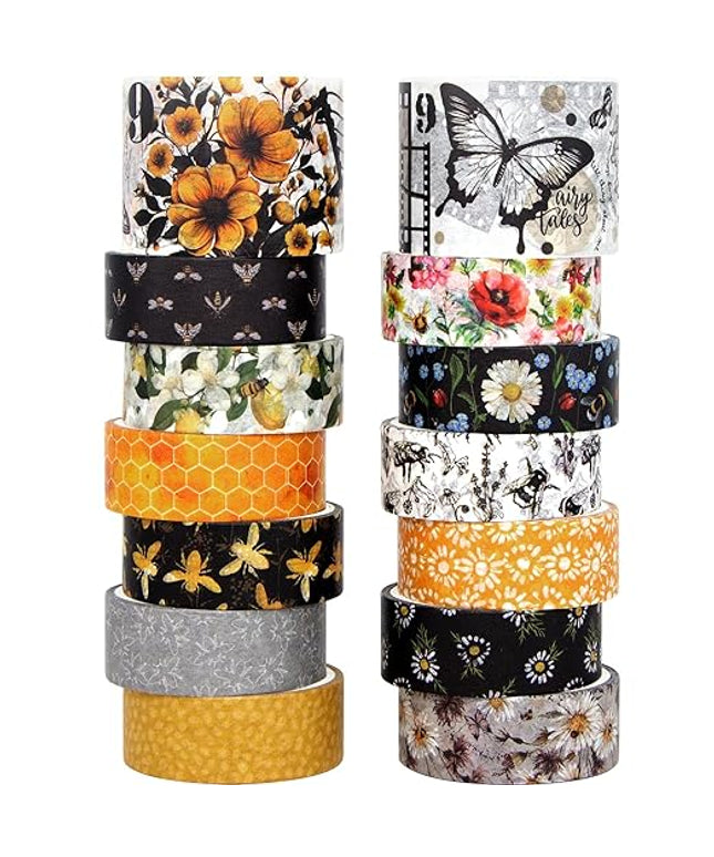 KOVANO Washi Tape Set 14 Rolls, Vintage Bee Floral Butterfly Botanical Washi Tape, Yellow Black Decorative Tapes for Scrapbooking Supplies, Junk Journal, Bullet Journaling, Art Crafts