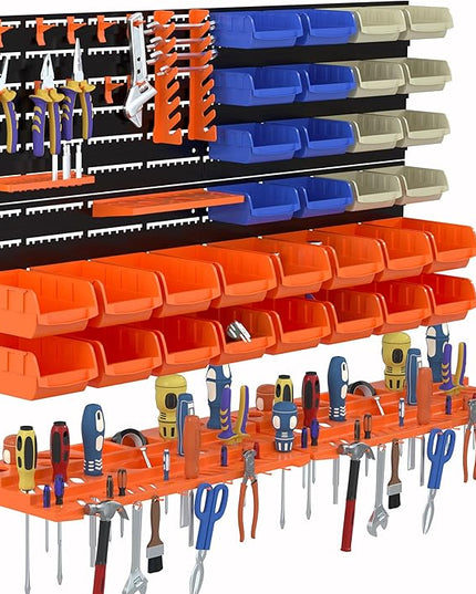 52PCS Wall Mounted Storage Bins Garage Storage Drawers with 4PCS Wall Mounting Peg Boards Workshop Parts Rack Container Tool Organizer Easy Access Compartments for Hardware Crafts Office Supplies