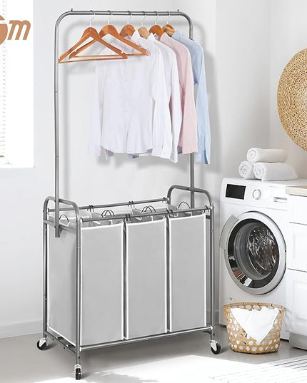 STORAGE MANIAC 136L Laundry Sorter with Hanging Bar, Portable, Removable Laundry Hamper Cart with Heavy Duty Rolling Lockable Wheels and Removable Bags, Rolling Laundry Basket Organizer, 3 Section