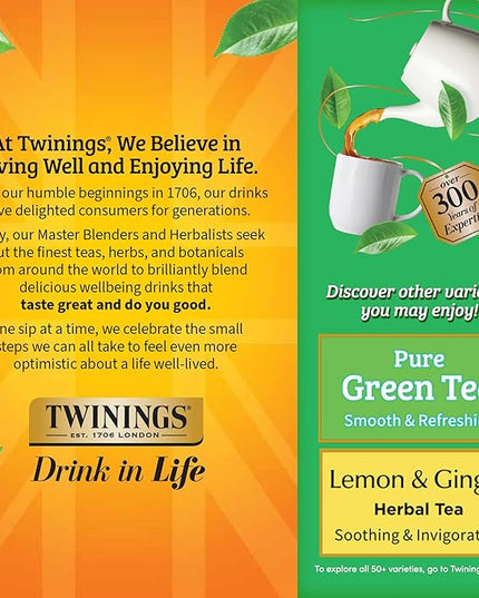 Twinings Green Tea with Jasmine Individually Wrapped Bags, 100 Count (Pack of 1), Fragrant Floral Scent, Caffeinated, Enjoy Hot or Iced, 100 Teabags