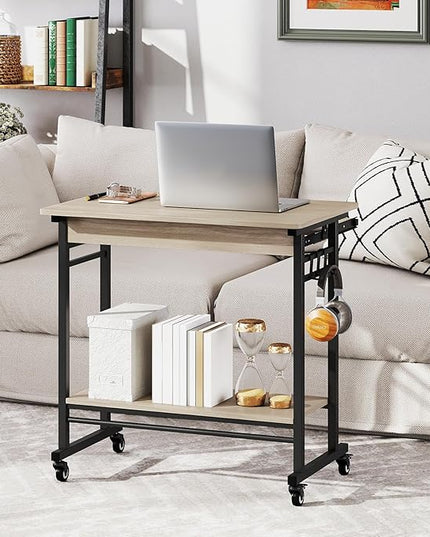 Tangkula Rolling Computer Desk Cart with Keyboard Tray, Mobile Portable Laptop PC Desk with CPU Stand & 3 Hooks for Sofa & Bed, Industrial Small Desk on Wheels for Small Spaces (Grey)