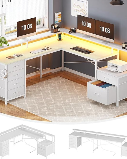 SEDETA L Shaped Desk with 6 Drawer, 108" Home Office Desk with File Drawer & Power Outlet, Corner Computer Desk with Monitor Shelf, File Cabinet, Two Person Desk, Gaming Desk with Led Lights, White