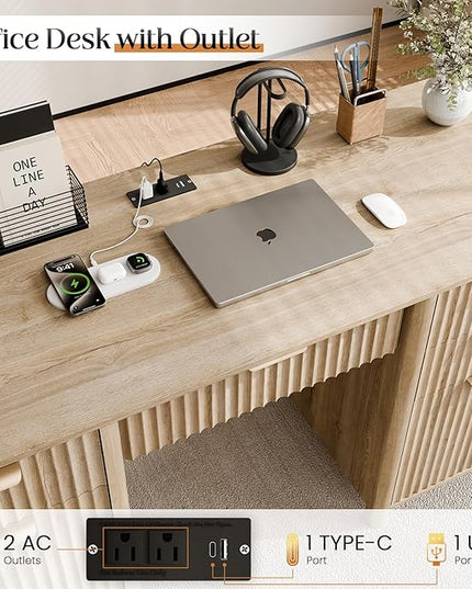58" Fluted Home Office Desks with Storage, Modern Executive Desk Computer Desks with 5 Drawers & Cabinet, Wood Work Desk File Drawer for Office, Bedroom, Study, Living Room, Oak