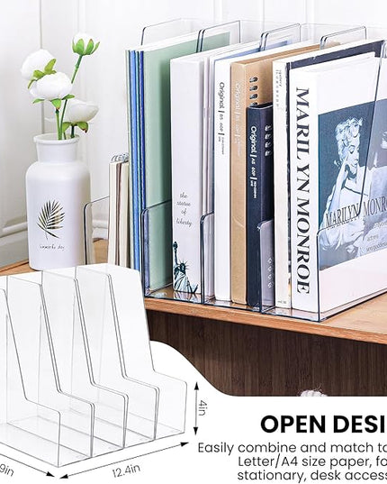 Vertical Magazine File Holder, Clear File Organizer Desk Organizer and Storage Bins Holding for Magazines, Binders, Notebooks, Envelopes, Plastic Office Organization and Storage for Desk, 4 pack