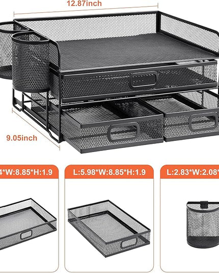 Marbrasse 3 Tier Mesh Desk Organizer with Drawer, Multi-Functional Desk Organizers and Accessories, Paper Letter Organizer with 2 Pen Holder for Home Office Supplies (Black)