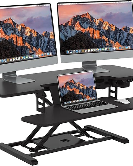 SANODESK 42" Electric Standing Desk Converter, Height Adjustable Riser for Office Home,Dual Monitor and Laptop Workstation with Large Keyboard Tray, Black Color