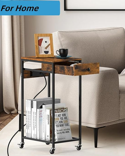 SEHERTIWY 2 Tier Computer Tower Stand, Adjustable Printer Stand with Charge Station and USB Charging Port, PC Tower Stand CPU Holder Cart with Wheels for Home Office Fax, Brown