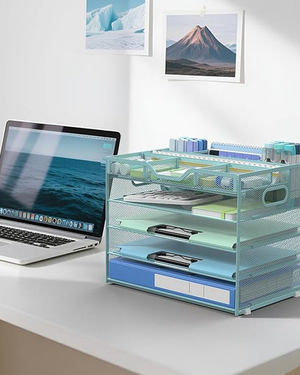 Docnest 5 Tier Mesh Desk Organizer- Letter Tray with Adjustable Compartments, Mesh Desktop Storage Built in Pen Holder and Handles, Desk Organizer Tray for Mail Documents Office Supplies-Blue