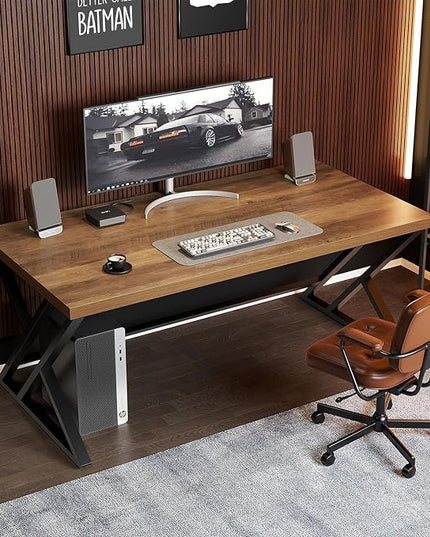 LVB Wood Computer Desk, Rustic Home Office Executive Desk for Bedroom, Industrial Wooden Computer Writing Study Work Gaming Table, Modern Metal PC Student Simple Desk with Storage, 55 Inch, Rustic Oak