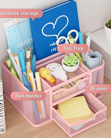 Marbrasse Mesh Desk Organizer, Pen Organizer with 2 Drawer, Multi-Functional Pencil Holder, Desk Organizers and Accessories with 5 Compartments + Drawer for Office Art Supplies (Pink)