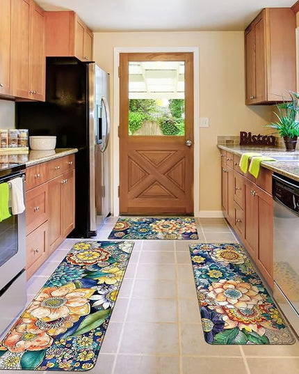 Dunzy 3 Pcs Anti Fatigue Boho Floral Rugs Mats for Kitchen Floor Non Slip Cushioned Waterproof Standing Runner Anti Fatigue Memory Foam Padded Rug for Sink Laundry Home, 17 x29 17 x47, 17 x59