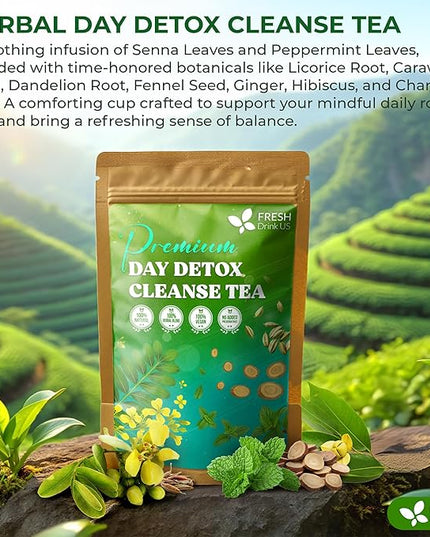 FreshDrinkUS, 30 Teabags of Herbal Day Cleanse Tea – 30 Day Program | Refreshing Mint Blend with Dandelion, Senna & Hibiscus | Naturally Supports Wellness & Light-Feeling | Caffeine-Free Herbal Tea