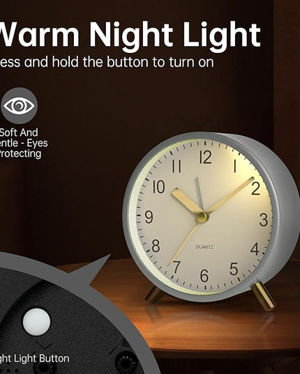 Analog Alarm Clock, 4 inch Super Silent Non Ticking Small Clock with Night Light, Battery Operated, Simple Design, easy setting for Office, Bedroom, Bedside, Desk, teens, elders, kids, adult, White