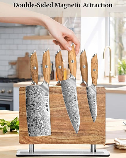 Strong Double Sided Magnetic Knife Block Without Knives, with Acacia Wood+430 Stainless Steel Base，Magnetic Universal Stands with Strong Enhanced Magnets Strip Kitchen Storage Cutlery Large Organizer